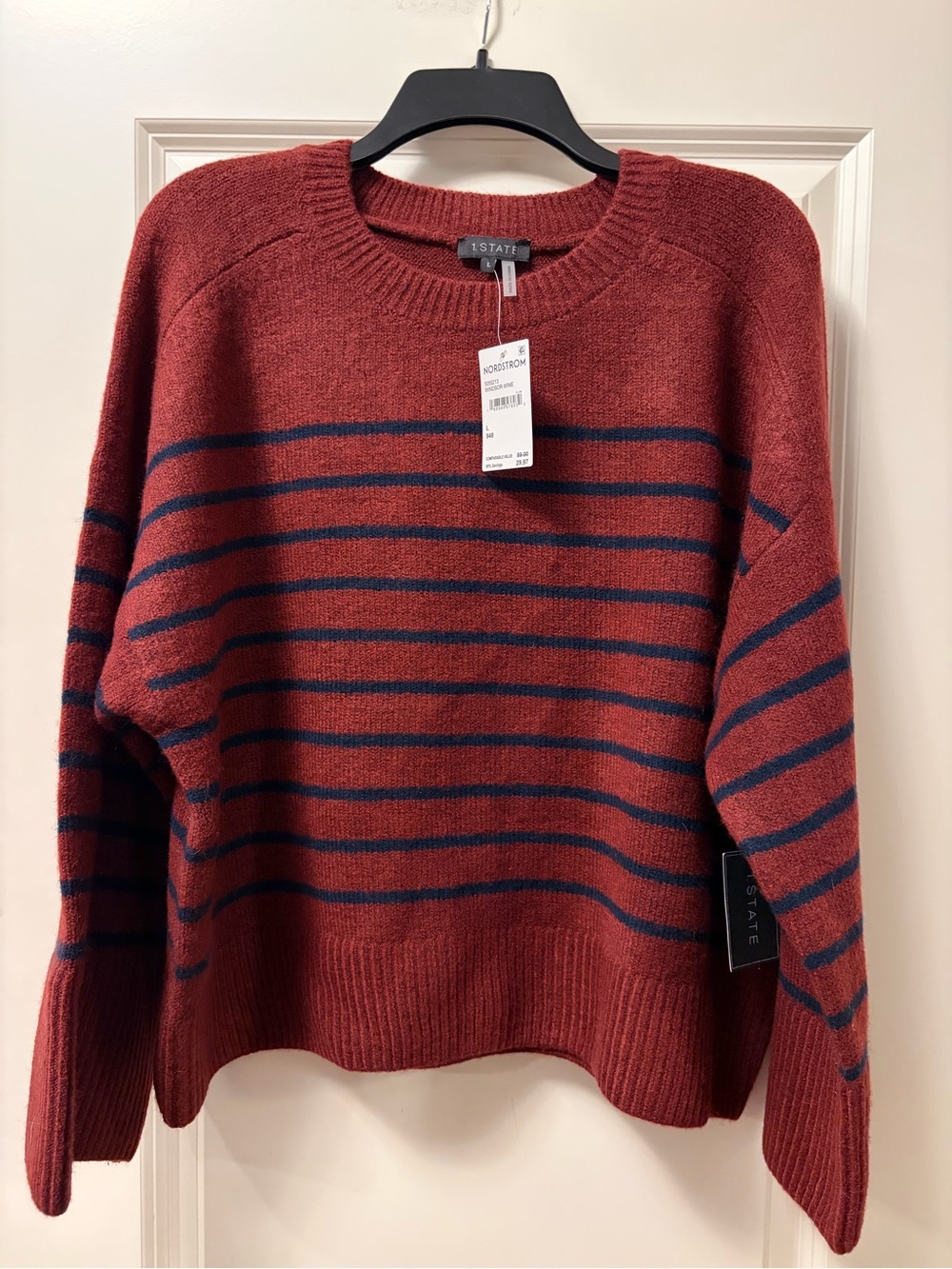 1.STATE Rust Red and Navy Striped Crewneck Sweater